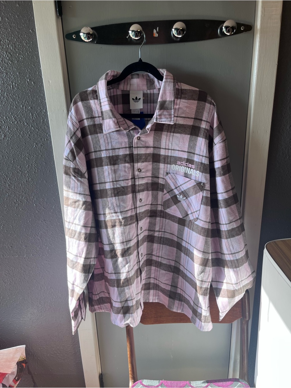 adidas Pink and Gray Plaid Flannel Button-Up Shirt